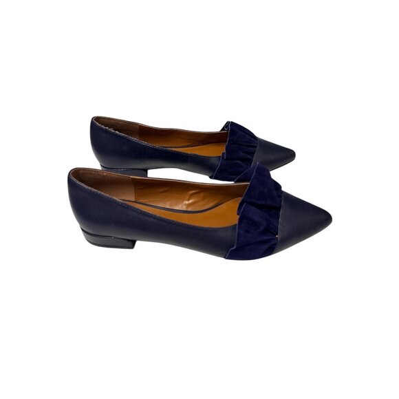 Halston Womens Navy Blue Leather Flats With Suede Ruffle Accent Pointed Toe Size - Picture 7 of 10